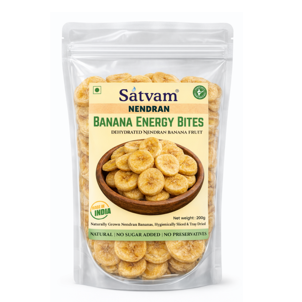 Satvam Nendran Banana Energy Bites – dehydrated banana slices, a natural healthy snack with no added sugar.